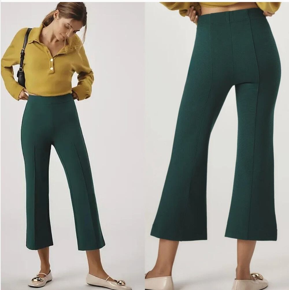 ANTHROPOLOGIE Rib Kick Flare Pants in Green // M